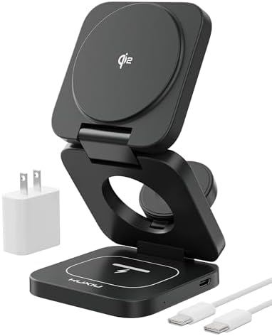 X55 Q 3-in-1 Magnetic Wireless Charging Station – 15 W Qi2 Fast Charger for i Phone 12-16, 5 W Apple Watch & Air Pods Pro Compatibility, Foldable Design with 45 W Adapter for Ultimate Portability and Efficiency – Elevate Your Charging Experience Today