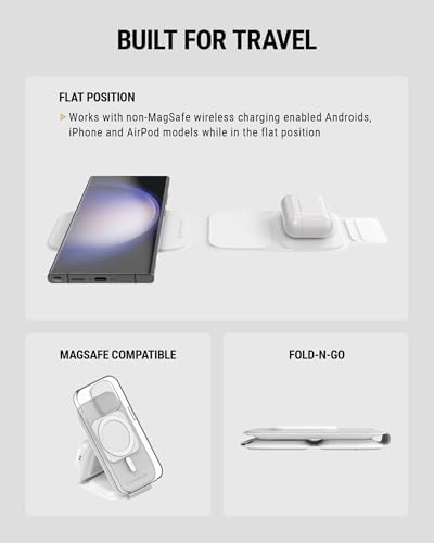 Scosche MSQFG2 N1 WT Magic Mount Travel 2-in-1 Magnetic Wireless Charging Station – Sleek Fast Charger for i Phone 12/13/14/15/16 Pro Max & Air Pods, Compact Foldable Design for Ultimate Portability and Enhanced Mag Safe Compatibility, White