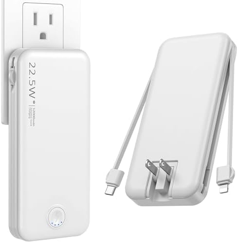 Ultra-Fast Charging Portable Power Bank with Built-In Cable and AC Plug – 12,000 m Ah USB C Travel Charger for i Phone and Android Devices – Lightweight, Compact Design for On-the-Go Power Solutions