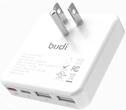 BUDI 34 W Slim USB C Wall Charger – Ultra-Fast 4-Port Charging Hub with 20 W Power Delivery for i Phone 16/15/14/13/12/11/Pro Max/XS/XR/8/7 and Tablets – Compact, Portable Design for Maximum Convenience and Versatility
