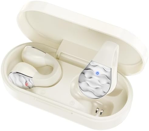 Elevate Your Fitness Journey with aigo Wireless Open Ear Earbuds – Ultra-Lightweight Bluetooth Clip-On Headphones for Active Lifestyles, Enhanced Situational Awareness, Built-In Mic for Hands-Free Calls, and Convenient Wireless Charging in Chic Off White Design – Perfect for Runners, Gym Enthusiasts, and Outdoor Workouts