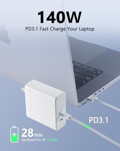 Efficient 140 W USB-C Dual Port Ga N Charger – Compact, Foldable Fast Charging Adapter for Mac Book Pro/Air, i Phone 16/15/14, i Pad Pro/Air, Galaxy, Moto G & More – Premium Performance & Enhanced Compatibility for All Devices