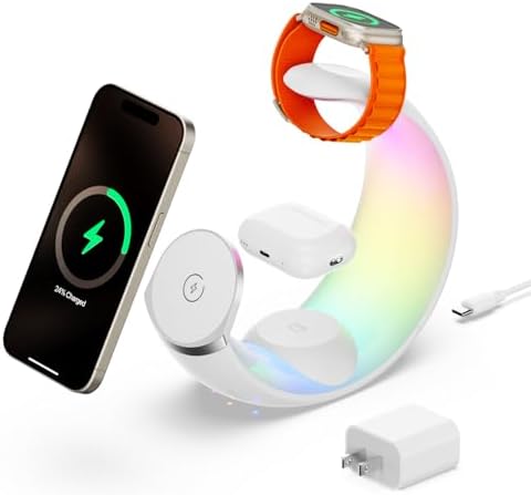 Ultimate 3-in-1 Magnetic Wireless Charging Station for Apple Devices – Fast Charge Your i Phone 16/15/14/13/12/11, Apple Watch Series & Air Pods 4 with RGB Night Light – Enhanced Safety & Intelligent Charging Technology – Artful Design for Home and Office Aesthetics