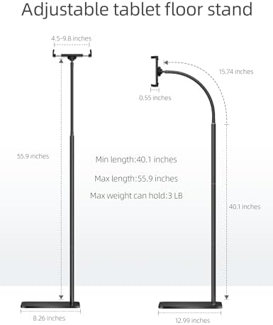 Adjustable Gooseneck Tablet Stand for i Pad and Cell Phones – Metal Floor Holder with Enhanced Flexibility and Stability for Ultimate Hands-Free Experience – Compatible with 4.7” to 13” Devices for Comfortable Viewing Anytime, Anywhere