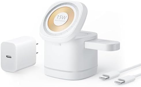 Ultimate 3 in 1 Magnetic Wireless Charger for Apple Devices – Fast Mag-Safe Charging Stand for i Phone 15/14/13/12, Air Pods 3/2/Pro & All Models of Apple Watch – Portable, Elegant Design for Home, Office & Travel