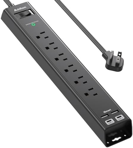 Ultimate Surge Protector Power Strip – Versatile 6-Outlet Extension Cord with 4 USB Ports (2 USB-C) and Flat Plug Design for Space Saving, Overload Protection, and Wall Mount Capability – 5 ft Length for Home, Office, or Dorm Room Efficiency and Safety