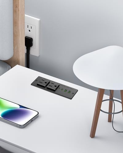 Recessed Power Strip with USB C PD Fast Charging – 30 W Flush Mount Desk Outlet for Space-Saving Convenience, 2 AC Outlets & 2 USB Ports, 6 ft Cord, Ultra Thin Flat Plug for Tidy Workspaces – Perfect for Home Offices and Multi-Device Charging Solutions