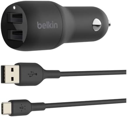 Belkin 24 W Dual USB Car Charger with Lightning Cable – High-Speed Charging Solution for i Phone, Samsung Galaxy, Air Pods & More – Compact and Durable Dual USB-A Power Adapter for Effortless On-the-Go Connectivity – Ultimate Versatility for Multiple Devices