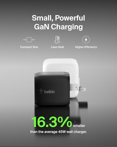 Belkin 45 W Dual USB-C Fast Charger Block with Ga N Technology – Rapid PD3.0 Charging for i Phone 16, Samsung Galaxy S25, i Pad, Mac Book & Nintendo Switch 2 – Compact Design for Travel & Enhanced Device Compatibility – Sleek White Finish for Modern Aesthetics