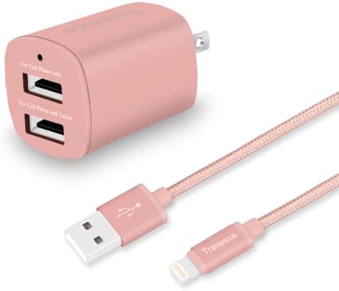 Stylish Rose Gold Dual USB Wall Charger with 6 ft Charging Cable – Fast Charging Solution for i Phone 14, 13, 12, 11 Pro Max, SE, XS/Xs Max, XR, 8, 7, 6 S/6 S Plus and Samsung, LG, Moto Devices – Enhanced Compatibility for Effortless Power Up