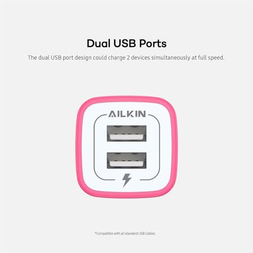 AILKIN Dual Port USB Wall Charger 2-Pack – 2.1 A Fast Charging Adapter for i Phone 15/14/13/12/11 Pro, Samsung Galaxy S23/S22/S21 – Compact Power Block with Quick Charge Technology – Universal Compatibility & Safety Features for Home and Travel