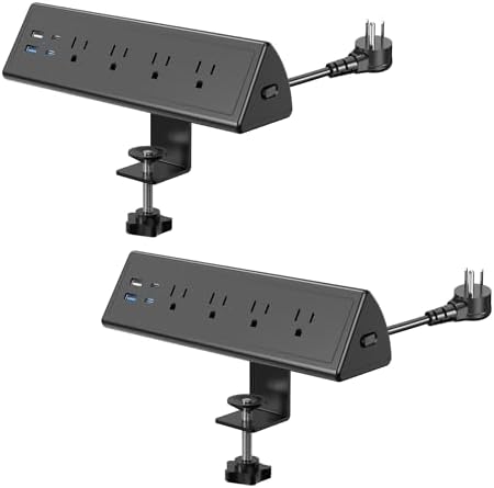 Ultimate Desk Clamp Power Strip with USB C – 4 AC Outlets & 4 Fast Charging USB Ports – 14 AWG Cord for Optimal Power – Secure Edge Mount Design Fits 1.96″ Tablets – Sleek Black Finish – Ideal Office & Nightstand Solution for Enhanced Productivity