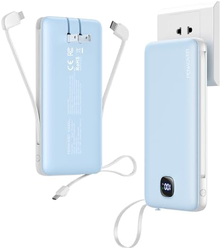 Ultra-Slim 10000 m Ah Fast Charging Power Bank with Built-In Cables & AC Plug – Versatile 5 Output USB-C Portable Charger for i Phones, Samsung, Android & More – Perfect for Travel & On-the-Go Power Solutions