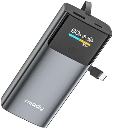 Miady 10000 m Ah PD 35 W Ultra-Fast Charging Power Bank with Smart Digital Display – Compact USB-C Portable Charger for i Phone 15/16, Galaxy S24/S22 – Multi-Device Charging with Built-in Cable and Real-Time Power Monitoring – Ideal for Travel and Outdoor Adventures