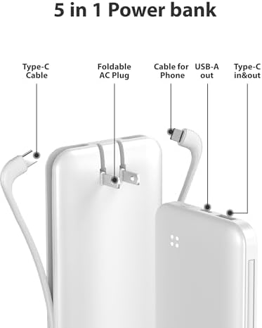 Experience Ultimate Portability with Alongza 10,000 m Ah Fast Charging Power Bank – Sleek Design with Built-In Cables and AC Plug for Effortless Device Charging on the Go – Lightweight, Compact USB C External Battery for Seamless Travel Convenience and Enhanced Compatibility Across All Smartphones and Gadgets