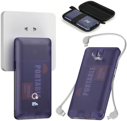 Brand Q 10000 m Ah Portable Power Bank with Built-in AC Plug – Ultra-Slim Design & Fast 20 W Charging, Includes 3 Integrated Cables for Smartphone & Tablet Compatibility – Essential Travel Charger for On-the-Go Convenience