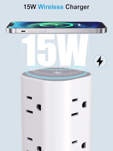 Ultimate Power Strip Tower with 15 W Wireless Charger and 10 FT Extension Cord – 12 AC Outlets & 4 USB Ports (2 USB-C) – Space-Saving Surge Protector for Home, Office, and Dorm Use – Advanced Compatibility for All Devices