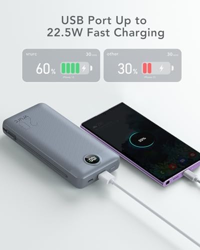 VRURC 20000 m Ah Pink Portable Charger – Fast Charging Power Bank with Built-in Wall Plug & Cables, LED Display, 4 Outputs & Dual Inputs for Effortless Travel Charging Solutions, Ideal for Busy Lifestyles and Enhanced Device Compatibility
