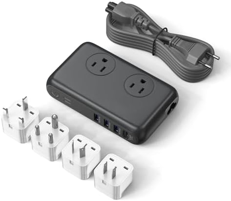 Universal Travel Voltage Converter & 4-Port USB-C Adapter – 220 V to 110 V Step-Down Power Solution for Global Use – 230 W Capacity with Interchangeable Plugs for EU, UK, AU, US & India – Essential for International Travelers and Expatriates