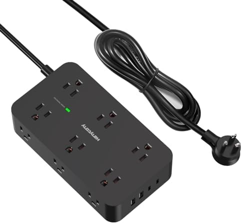 HANYCONY 12-Outlet Power Strip Surge Protector with 4 USB Ports (2 USB-C) – 6 ft Flat Extension Cord with 1800 J Surge Protection, Wall-Mountable Charging Station for Home, Office, and Dorm Room – Ultimate Device Connectivity and Fast Charging Solutions