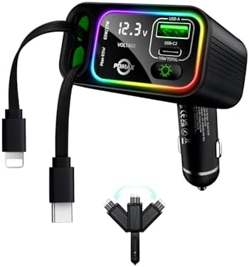 Ultimate 145 W Retractable USB C Car Charger – Fast Charging Solution with Dual Cables & Extra USB Ports for Seamless Compatibility with i Phone 16/15, Samsung S25/24/23/22, Pixel 9/8/7 – Stylish, Compact Design for On-the-Go Power Management