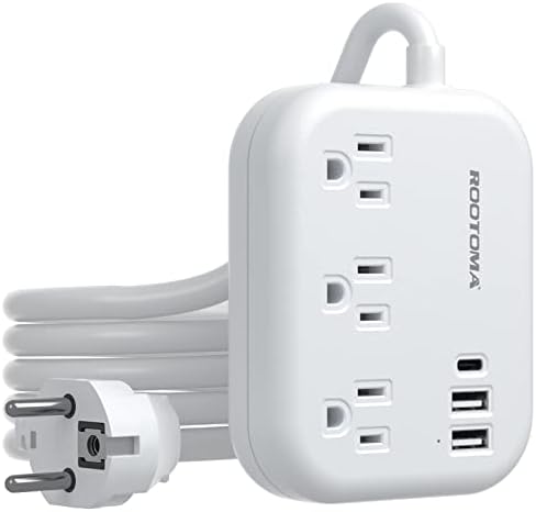 ROOTOMA 6 ft International Power Strip with 3 American Outlets & 3 USB Chargers – Essential US to EU Travel Adapter for Seamless Connectivity in Spain, France, Germany, Iceland – Compact & Durable Design for Travelers