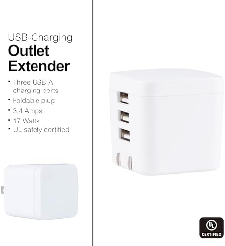 GE 17 W 3-Port USB Wall Charger Block for i Phone and i Pad – Fast Charging Adapter with Foldable Plug for Ultimate Portability – Sleek White Power Cube for Home, Office, and Travel Use – Compatible with i Phone 14, 13, 12 Series and More – Efficient Multi-Device Charging Solution