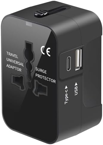 Global Travel Power Adapter with Dual USB-C & USB-A Ports – Compact & Efficient Universal Charger for USA, EU, UK & AUS – Reliable Fast Charging Solution for Tech-Savvy Travelers in Sleek Black Finish