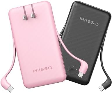 miisso Ultra Slim 10000 m Ah Portable Power Bank with Built-in Cables and Foldable Wall Plug – Compact USB-C Charger for i Phone, Samsung, i Pad & More – Perfect Travel Companion for On-the-Go Charging Efficiency