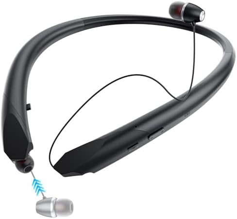 Revolutionary Bluetooth Neckband Headphones with Retractable Earbuds – IPX5 Sweatproof Sports Earphones Featuring Advanced Noise Cancellation and Built-in Microphone for Active Lifestyles – Rapid Connectivity and Extended Battery Life for Seamless Audio Enjoyment