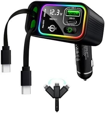 Ultimate 145 W Retractable USB C Car Charger – Fast Charging Solution with Dual Cables & Extra USB Ports for Seamless Compatibility with i Phone 16/15, Samsung S25/24/23/22, Pixel 9/8/7 – Stylish, Compact Design for On-the-Go Power Management