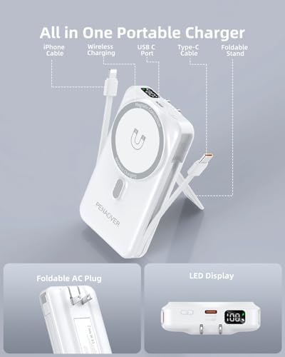 Revolutionary Magnetic Power Bank – 10000 m Ah Wireless Charger with Integrated Cables & AC Plug – 22.5 W PD Fast Charge for i Phone 16/15/14 Series, Samsung S22/S21, Google Pixel – Compact Travel Essential with Smart LED Display and Versatile Foldable Stand for Ultimate Convenience