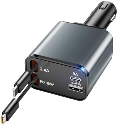 2025 Ultra-Compact 4-in-1 Retractable Car Charger – 69 W Fast Charging Adapter for i Phone 16, Galaxy and More – Innovative Space-Saving Design with Multiple Ports for Simultaneous Device Powering – Essential Car Accessory for Daily Commutes and Road Trips