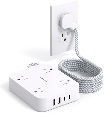 HANYCONY 10 Ft Ultra Thin Flat Extension Cord with 4 AC Outlets & 4 USB Ports (2 USB-C) – Wall-Mountable Power Strip & Desk Charging Station for Seamless Office, Dorm, and Travel Connectivity – Superior Surge Protection & Space-Saving Design