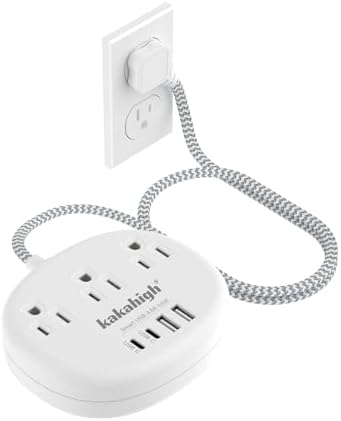 Stylish Brown Extension Cord with 1080 J Surge Protection – 5 FT Flat Braided Design Featuring 3 AC Outlets & 4 USB Ports (24 W/4.8 A) for Fast Charging – Ideal Tan Desk Accessory for Powering Devices Safely & Efficiently