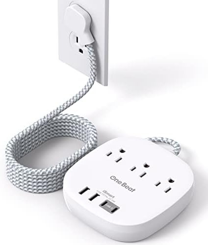 10 Ft Flat Plug Power Strip with 3 AC Outlets & 4 USB Ports, Ideal Desktop Charging Station for Cruise Ships & Dorms – Compact Design & Fast Charging for Multi-Device Use