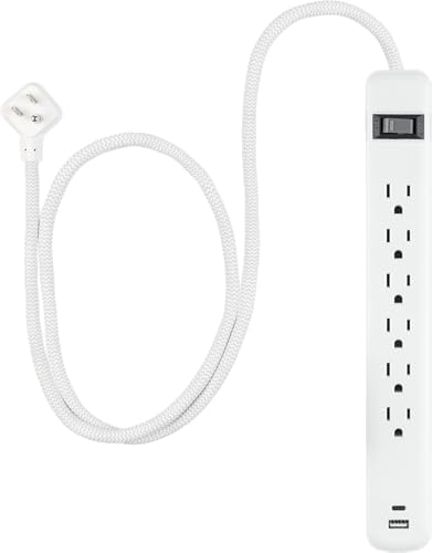 GE 6-Outlet Power Strip with Dual USB Ports – Fast Charging USB-A & USB-C, 4 ft Durable Braided Cord, Wall Mountable Design, Circuit Breaker for Enhanced Safety, ETL Certified, Versatile White Power Solution for Home and Office