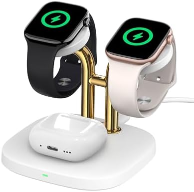 Swan Scout 704 A 3-in-1 Wireless Charging Station – Fast Dual Charger for Apple Watch Ultra 2/10/9 & Air Pods Pro 2/3/2 – Elegant Black & Gold Design with Enhanced Safety Features and Multi-Device Compatibility for Effortless Charging Experience