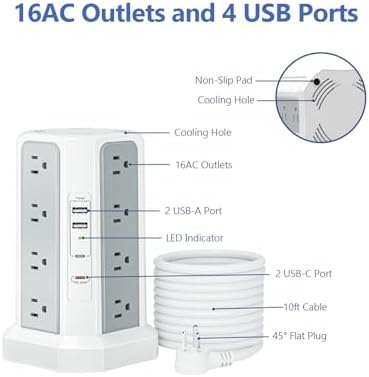 Revolutionize Your Charging Experience: 10 FT Surge Protector Power Strip Tower with 16 Outlets & 4 USB Ports – Efficient Desk Charging Station for Home, Office, or Dorm Room – Ultimate Space-Saving Solution with Robust 1625 W Power Output and Enhanced Safety Features