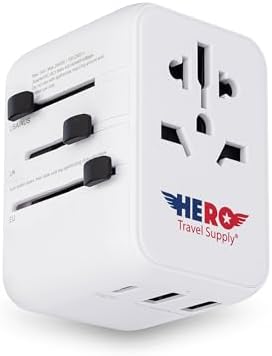 Hero Travel Supply All-in-One Universal Travel Adapter – Global Charging Companion for 100+ Countries | Charge Up to 3 Devices with Dual USB-A & USB-C Ports | Compact Design with Built-in Surge Protection for Hassle-Free Adventures | Essential Travel Accessory for On-the-Go Connectivity