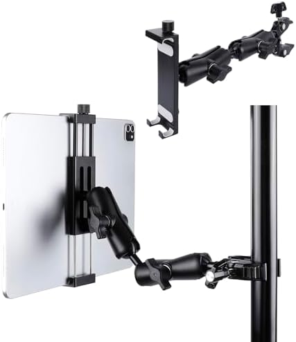 Versatile Aluminum Dual Arm Tablet Holder with Super Clamp for 0.5” to 2” Rails – Ideal Side Mount for i Pad Pro, Galaxy Tab, and Other 4.7-12.9″ Devices – Effortless Setup and Secure Positioning for Musicians and Presenters