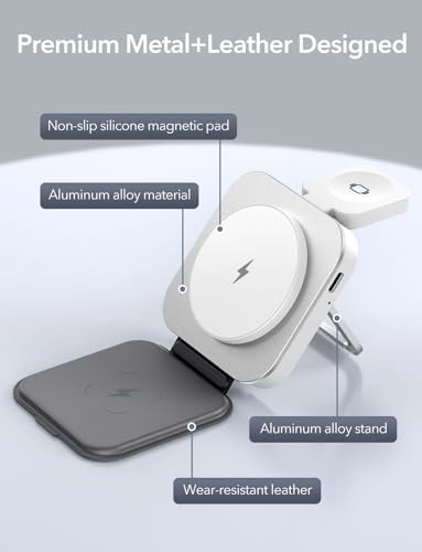 Ultimate 3-in-1 Foldable Magnetic Wireless Charger with Aluminum Alloy Stand – Sleek Mag Safe Charging Station for i Phone 16, 15, 14, 13, 12 Series, Apple Watch & Air Pods with PD 20 W USB-C Adapter – Portable & High-Speed Charging Solution