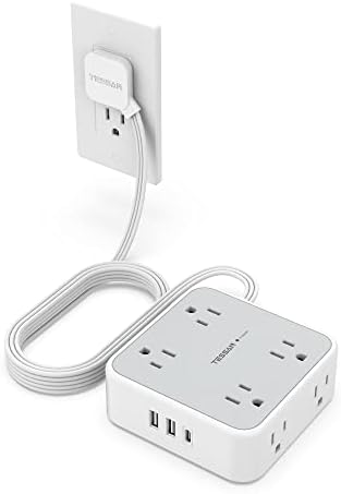 TESSAN Power Strip Tower Surge Protector: 8 AC Outlets & 3 USB Ports (1 USB-C) with 900 Joules Protection, 5 FT Flat Plug Extension Cord – Ultimate Desk Charging Station for Home Office and Dorm Room Efficiency