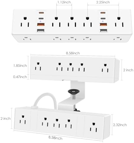 Maximize Workspace Efficiency with the Ultimate Dual Layer Desk Clamp Power Strip – 20 AC Outlets & 8 Fast Charging USB Ports, 60 W Power Delivery, 1200 J Surge Protection, 6 Ft Flexible Cord – Ideal for Multi-Device Charging and Organized Workstations
