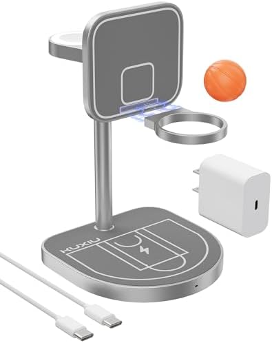 Revolutionize Your Charging Routine with the KU XIU X85 3-Point Power 3-in-1 Aluminum Alloy Magnetic Wireless Charger Stand for Apple – Features Integrated Mini Basketball Hoop for i Phone 16/15/14/13/12, 5 W Apple Watch, and Air Pods – Sleek Gray Finish for Style and Functionality