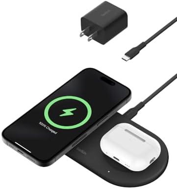 Belkin 15 W Mag Safe-Compatible 2-in-1 Wireless Charging Station – Fast Dual Device Charger for i Phone 16, 15, 14, 13 Series & Air Pods – Sleek Sand Design for Effortless Portability and Seamless Power Solutions
