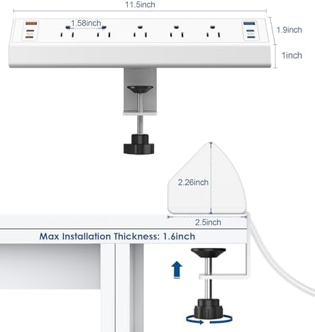 Revolutionize Your Workspace with the Desk Clamp Power Strip USB C – 75 W Total Fast Charging Hub Featuring 5 AC Outlets and 6 USB Ports, Optimized for 1.6″ Tabletop Edges – Ultimate Surge Protection for Laptops, Smartphones, and More