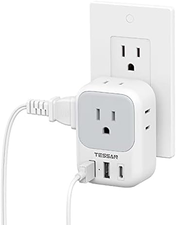TESSAN 7-Port USB Wall Charger & Outlet Splitter – Versatile 4 AC Outlets and 3 Rapid USB Charging Ports with 2 USB-C Ports – Essential Multi-Plug Expander for Home, Office, Travel, and Dorm Rooms – Sleek Design with Surge Protection for Uninterrupted Power Supply