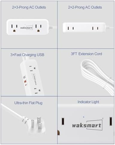 Sleek Flat Plug Power Strip with 5 Ft Extension Cord – 4 AC Outlets & 3 Fast-Charging USB Ports (5 V/3.4 A) – Compact Travel-Friendly Power Solution for College Dorms, Home Offices, and On-the-Go Charging – Maximize Space and Connectivity