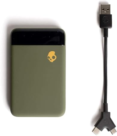Skullcandy Stash Mini 5000 m Ah Portable Charger – Ultra-Lightweight Power Bank with 12 W USB A & USB C Ports, Bonus Dual Charging Cable, Stylish Moss Finish – Perfect for Travel, Outdoor Adventures, and Daily Use